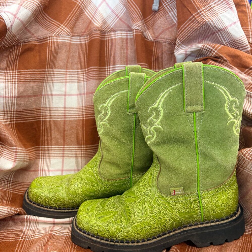 Green Square Toe Justin's Cowgirl Boots - Picture 2 of 2